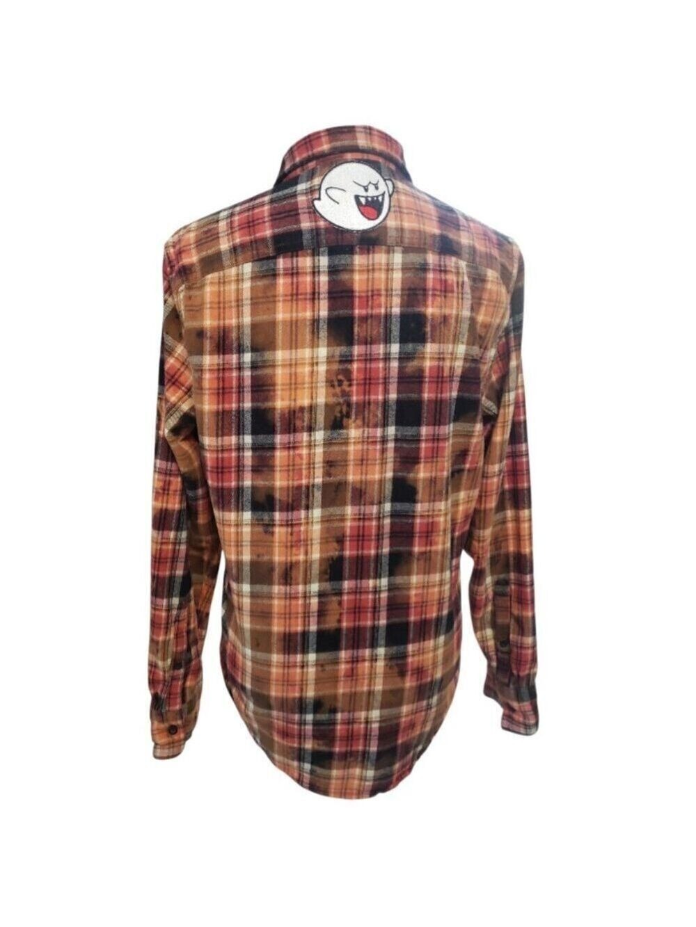 Upcycled Distressed Flannel with "Nintendo Boo" Embroidered Patch